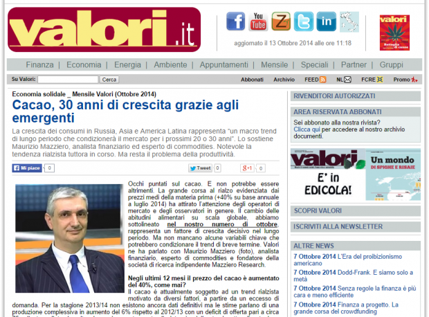 Articolo Valori 13 ottobre 2014